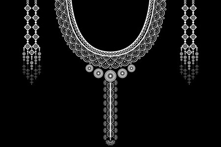 ethnic collar lace pattern traditional on black background. Necklace embroidery abstract vector illustration. Designs for fashion, fashion men, fashion women, kaftan, collar patterのイラスト素材