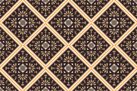 Seamless pattern based on traditional folk art ornaments. Colorful flowers on brown background.のイラスト素材