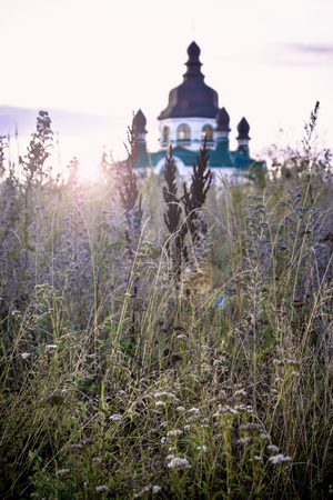 Vishneve, Ukraine-August 19 2012 -Beautiful sunrise over the Christian church in the suburbs of Kyiv city of Vishneve in Ukraineのeditorial素材