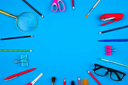 Modern mock up of stationery on blue background. High quality photo