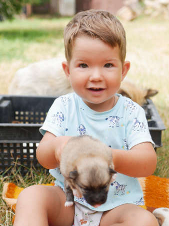 Portrait of happy toddler boy holding his puppy on a summer day.の写真素材