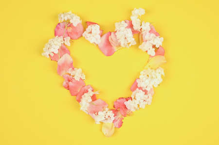 Heart made of petals on a yellow background.の写真素材