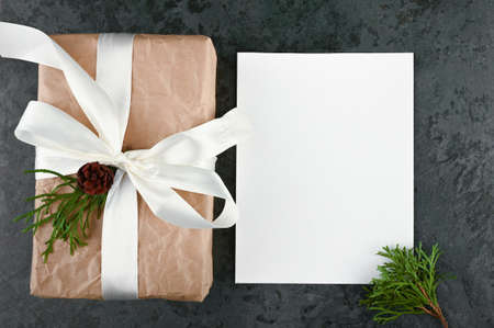 Present card and eco gift in craft paper with green branch on a gray background.の写真素材