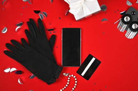 Holidays sales background for women. Mobile payments on cell tech concept.の写真素材