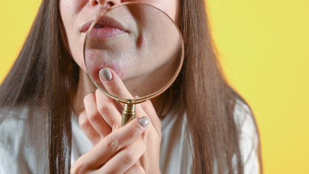 Woman holding magnifying glass by face, cropped view. Close up of big pimple. Cosmetology, skin care, acne treatment.の写真素材