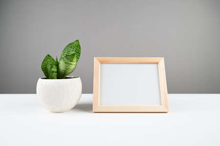 Wooden photo frame with white blank card and green plant in white pot on table. Mock up poster...