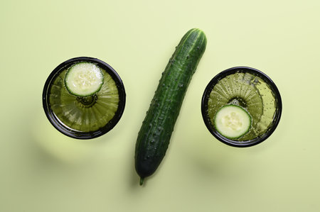 Stylish glass goblets with water with cucumber slices in sunlight. High quality photoの写真素材