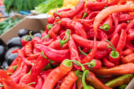 Red hot chilli peppers pattern texture background. Close up. Street vegetable market. Group of Red hot chilli peppers. High quality photoの写真素材