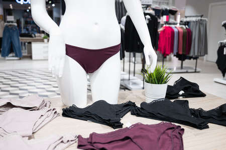 Women's panties on mannequin. Stack of different women's panties lying on a shelf in underwear store. High quality photoの写真素材