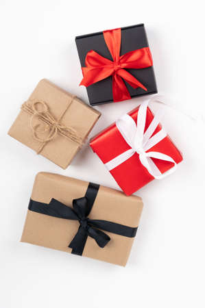 Top view of different gift boxes isolated on white background. Holiday concept, Christmas, Birthday.