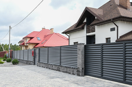 Modern private house with horizontal bars grey steel fence. Neighbours concept