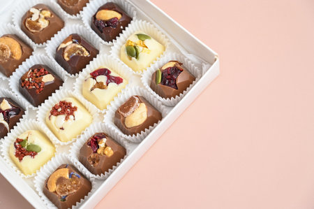 Artisan handcrafted chocolate bonbons packaged in a gift box. Overhead view of mixed chocolate...