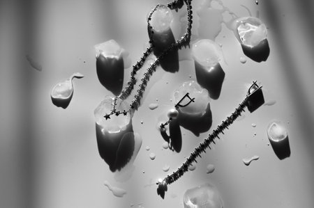 Composition with stylish accessories women's jewelry and ice on gray background with shadow.の写真素材