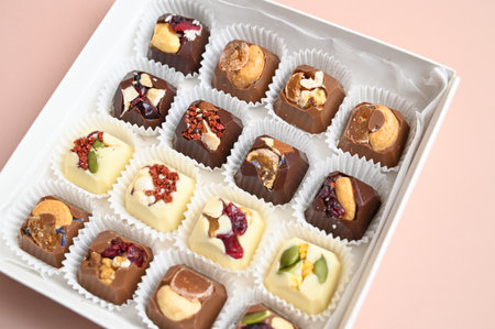 Set of healthy handmade chocolate candies isolated on white. Sweet gift. Natural diet vegetarian...