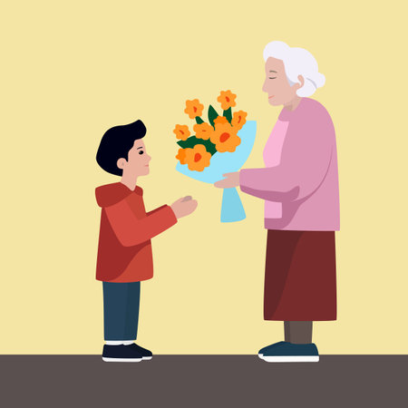 A boy on the street presented a bouquet of flowers to an unknown old womanのイラスト素材