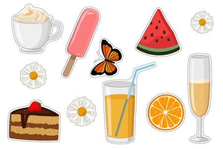 A set of summer holiday stickers with free-standing objects on a white backgroundのイラスト素材