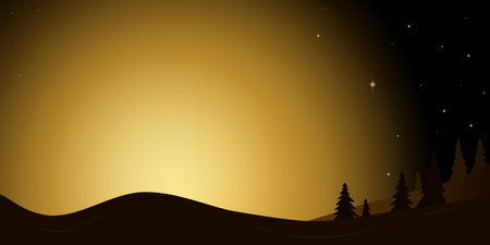 Winter Christmas night on the background of sunset with stars and silhouettes of Christmas treesのイラスト素材