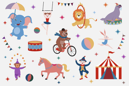 A set of isolated objects and characters related to the circus, elephant, acrobat, walrus, bear, rabbit, monkey, horse, clown, tentのイラスト素材