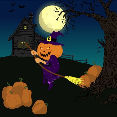 Scarecrow of a witch on a broomstick with a pumpkin head on the background of a haunted house and a full moon.Halloween night vector illustrationのイラスト素材