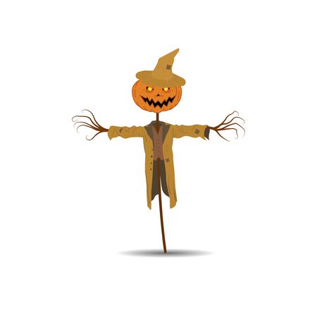 Halloween vector illustration. A stuffed pumpkin in a cloak on a stick on a white background with branches instead of handsのイラスト素材