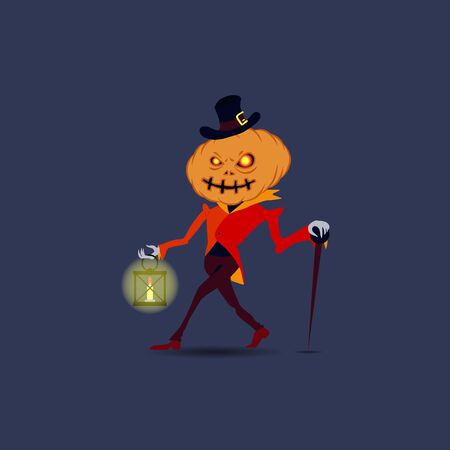 Halloween vector illustration. Pumpkin character in a red jacket and hat on a dark background with a cane and a flashlight in his handsのイラスト素材