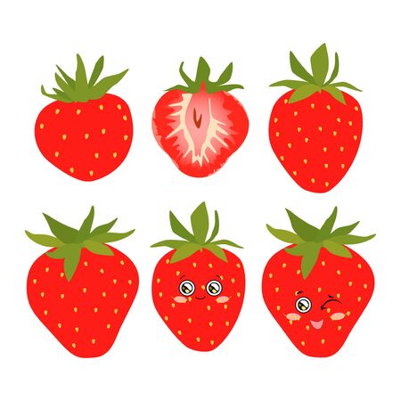 Collection of vector illustrations of whole and half strawberry berries in a flat style. Bright strawberries on a white background for designのイラスト素材