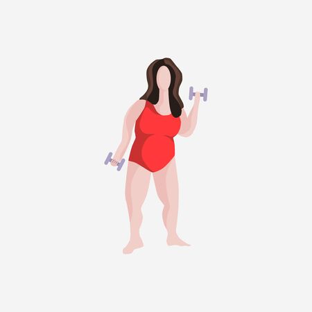 Vector illustration of overweight woman with dumbbells on a white background in a flat style. Female fitness. Happy body positive conceptのイラスト素材