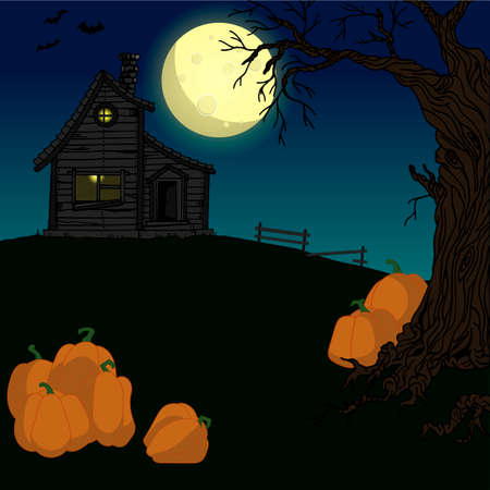 illustration of a pumpkin under a tree on a background of a haunted house and a full moon on Halloween night. Design for greeting cardのイラスト素材