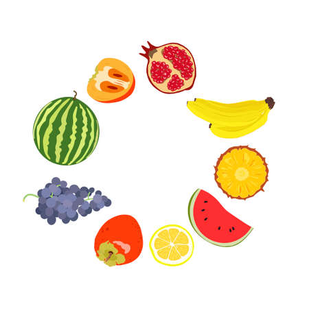Fruit vector circle with watermelon, persimmon, pomegranate, banana, pineapple, grape and lemon in a flat style. Template with colorful fruits for design menus, recipes, postersのイラスト素材