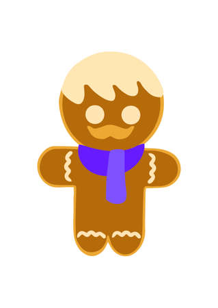 Vector illustration of a gingerbread man with a blue scarf on a white background. Christmas holiday. Traditional sweet food, dessert, decoration design greetingのイラスト素材