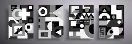 Set of vector geometric illustrations in retro style. Modern abstract advertising flyers.Black and white background. Template for brochures, covers, notebooks, banners, magazines and flyers.のイラスト素材