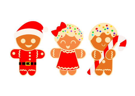 New Year s gingerbread cookies in the form of Christmas characters. Festive winter symbols isolated on white background in flat design. Cartoon colorful illustration.のイラスト素材
