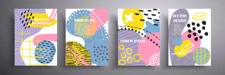 Abstract vector cover design with wavy speckled shapes in delicate colors. The cover is textured with stripes, dots and scribbles. Modern Art. Poster or printable template for promotional event.のイラスト素材