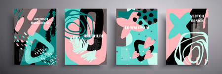 Set of vector covers. Abstract shapes. Colored geometric composition. Template for brochures, covers, notebooks, banners, magazines and flyers, modern website template design.のイラスト素材