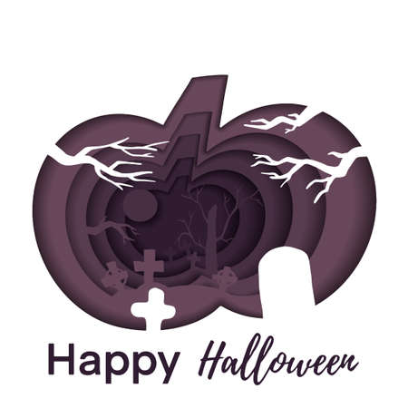 Vector halloween illustration. Full moon in the cemetery, crosses, trees and gravestones inside the pumpkin. An elegant spooky holiday texture perfect for gift cards, home decor, and textiles.のイラスト素材