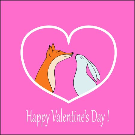 Vector hearts. Love-Happy Valentines day card with cute fox and rabbit-stock vector. Vector hearts.のイラスト素材