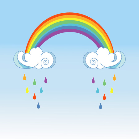Rainbow and raining clouds on color blue background. Cute cloud poster design for baby room decor, kids cloth decoration.のイラスト素材