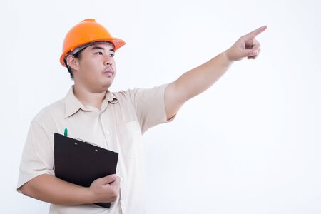 Young foreman wear hard hat isolated on white background