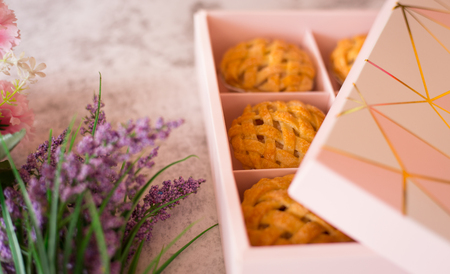 Pies on Pink Gift box. for Valentines, New years or special day conceptの写真素材