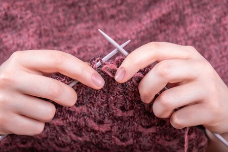 Knitting female eggplant sweaters. Metal circular knitting needles. Close-up. Your true hobby.