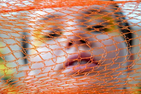 Girl with blue eyes. Close-up. With an orange mesh on the face.の写真素材