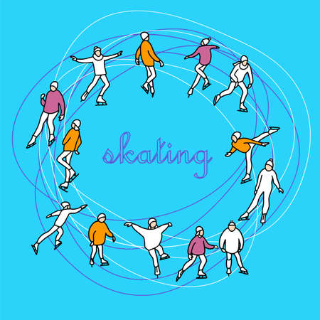 People ice skating vector illustration. Winter ice rink party with cartoon characters . Flat vector compositionのイラスト素材