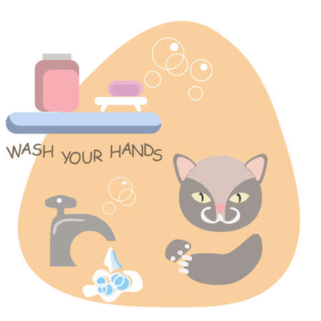 bathroom set flat for childish. Vector illustration. Funny cat. Vector illustration. Isolated on white backgroundのイラスト素材
