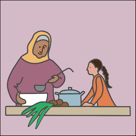 grandmother cooking dinner with her granddaughter. grandparents day. National grandparent celebration. cute family characters. vector illustration.のイラスト素材