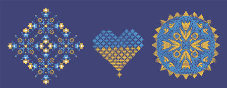 cross-stitch yellow blue colors,folk embroidery isolated on dark background