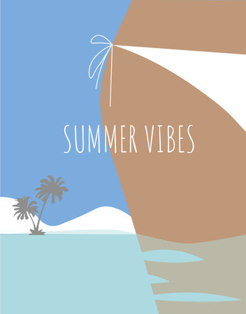 Vector illustration - girl on a beach, holding a surfboard. ocean, surfers, palms and hills on background. vector illustration.のイラスト素材