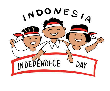 Indonesian independence day celebration illustration with flat illustration with Indonesian kids .のイラスト素材