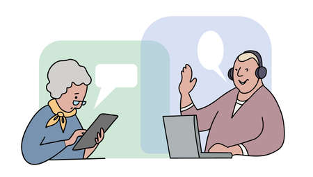 Grandman with laptop communicating on the Internet online with grandma. Communication of elderly person concept. Elderly people video calling or online communication .Hand drawn vector illustration.のイラスト素材