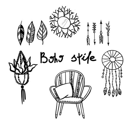 Set of hand drawn black celestial, bohemian icons: stars, leafy branches, dream catcher, rainbows, mystery, magic symbols isolated on white background. Boho chic silhouettes.のイラスト素材