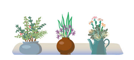 Flower bouquet. Bunch of plants in vase collection. Vector isolated garden flowers botanical decoration setのイラスト素材